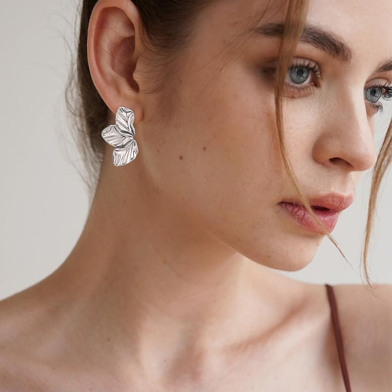 FAUTHENTICUTE Chunky Gold Statement Earrings For Women Gold Plated Sectored Flower Leaf Shell Angel Wing Earrings Large Stud Earrings Hypoallergenic Earrings - Image 2